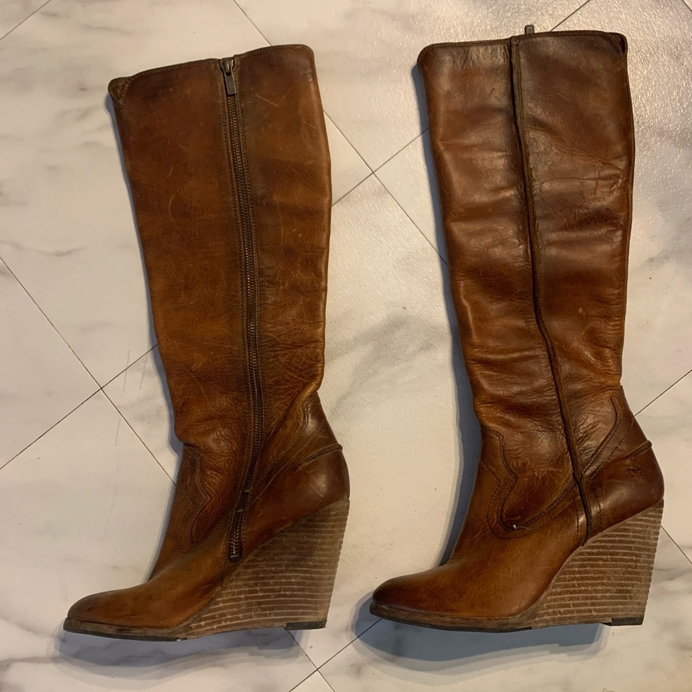 Frye Leather Knee High Wedge Boots in Brown Zip Up